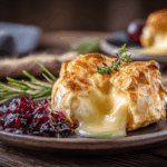 ein Holztisch mit dunklem Keramikteller, auf dem sich ein Camembert in Blätterteig befindet. Der Käse ist angeschnitten und läuft aus. Daneben Preiselbeeren und ein Zweig Rosmarin.